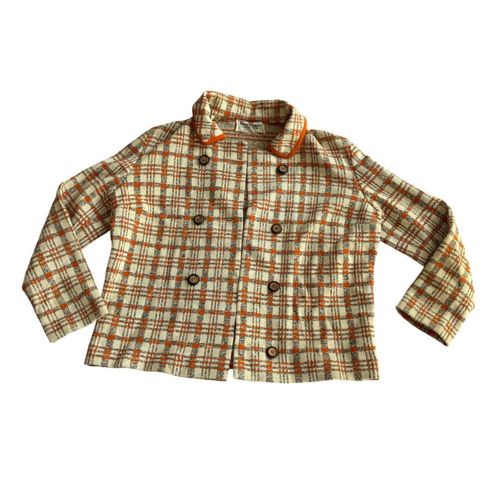 Heatherton Wool Plaid Jacket Womens M Red Orange Vintage Italy Double‎ Breasted